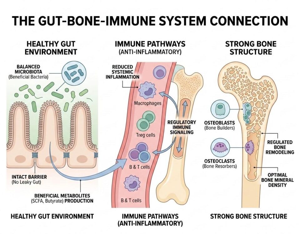 Illustration of the gut-bone-immune system connection