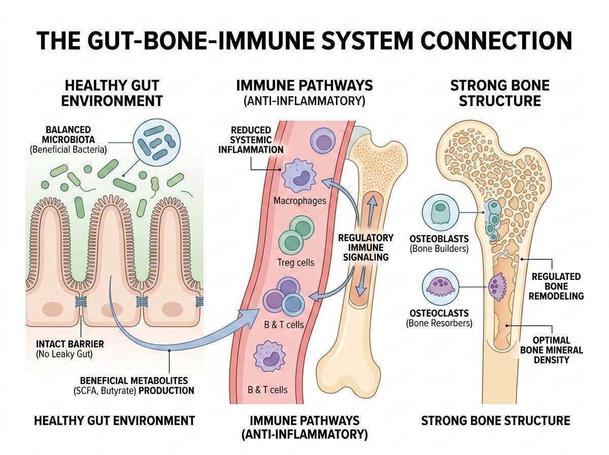 Illustration of the gut-bone-immune system connection